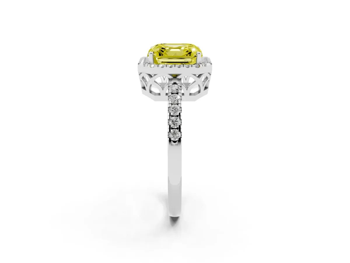 Fancy Yellow Asscher Cut Halo Diamond Engagement Ring with Pavé Band and Four-Prong Setting Platinum