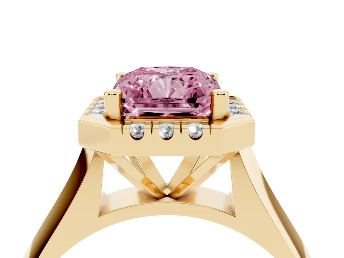 Fancy Pink Radiant Cut Cut Halo Solitaire Engagement Ring with Square Band and Four-Prong Setting Yellow gold