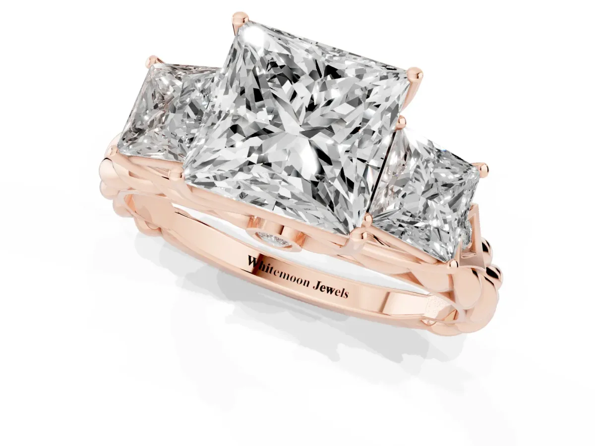Three-Stone Princess Cut Diamond Braided Band Ring with Four-Prong Setting Rose gold