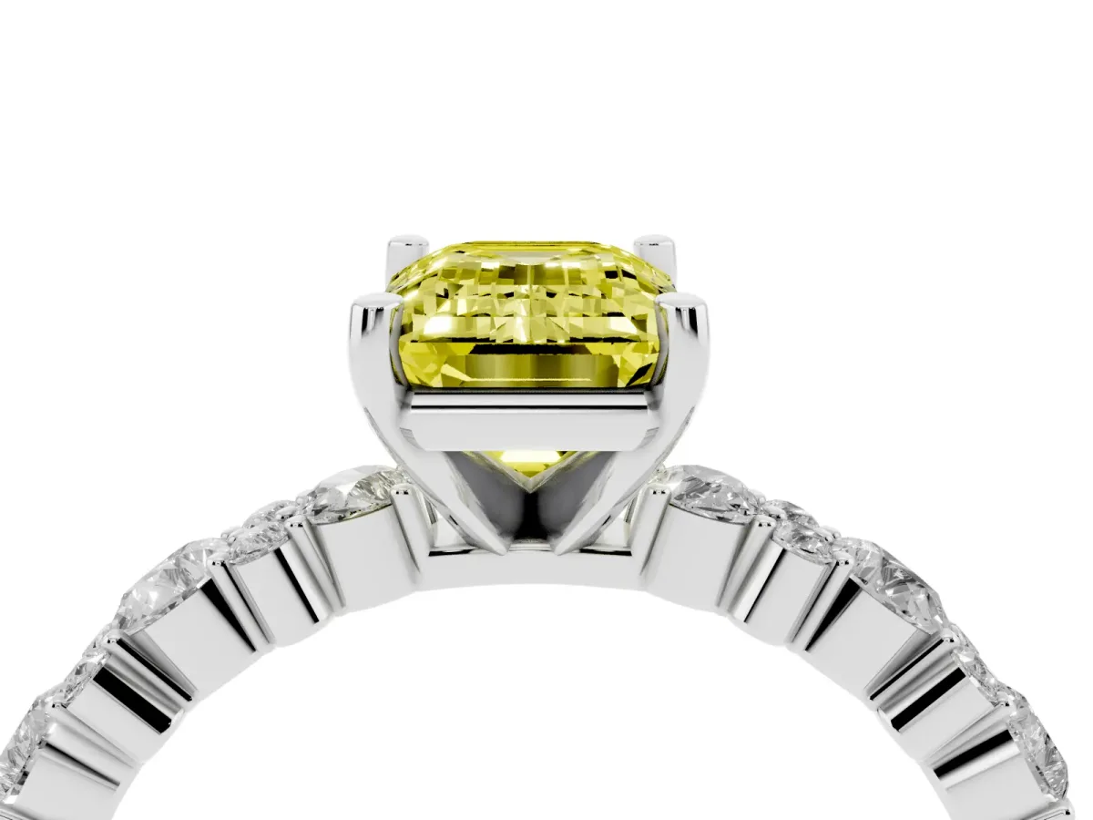 Fancy Yellow Emerald Cut Diamond Side Stone Solitaire Ring with Round and Four-Prong Setting Platinum