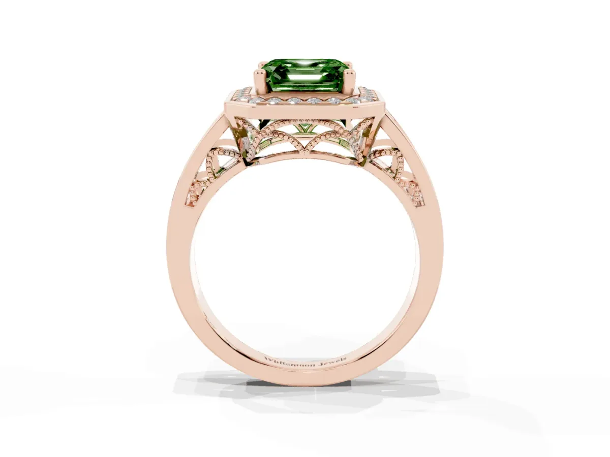 Fancy Green Asscher Cut Diamond Halo Ring with Split Shank and Bezel Accents and Prong Setting Rose gold