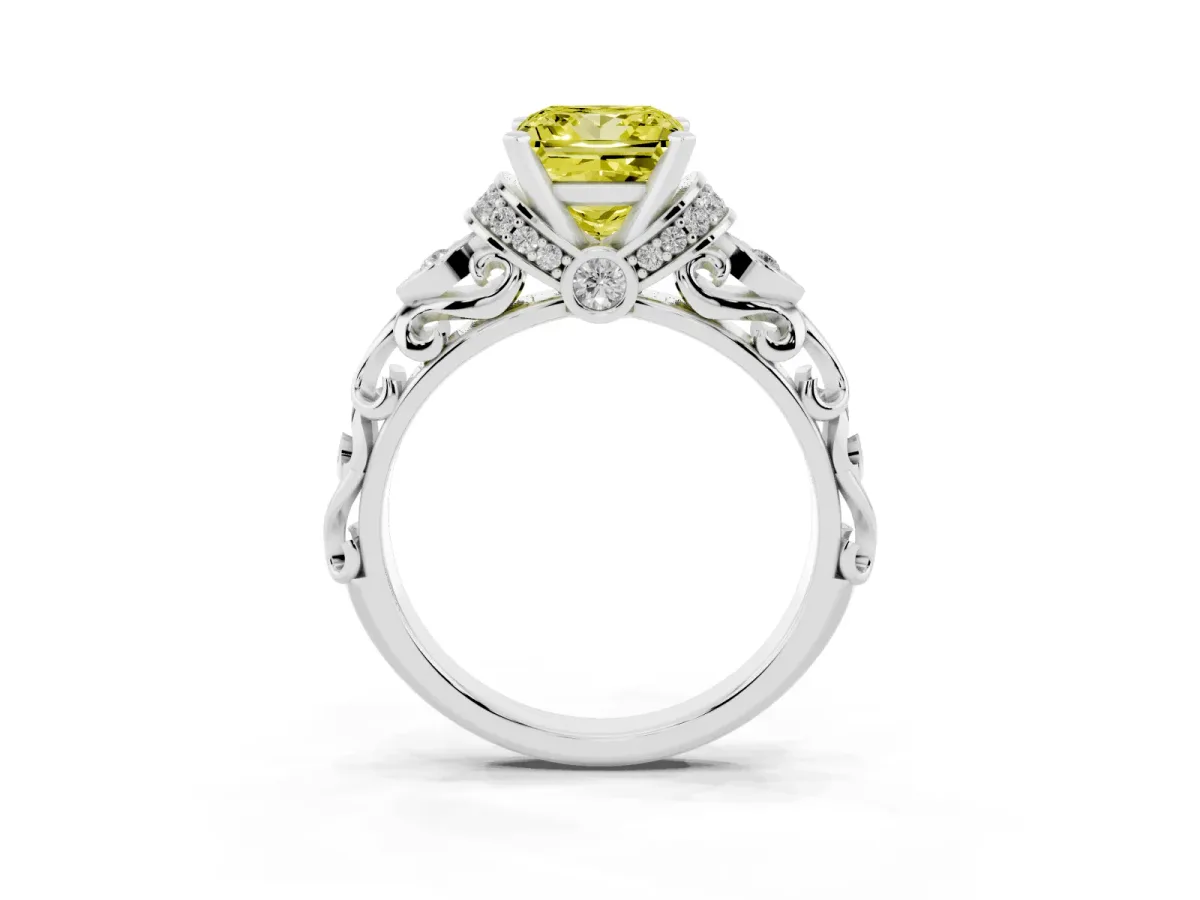 Fancy Yellow Princess Cut Diamond Solitaire Ring with Filigree Band and Four-Prong Setting Silver
