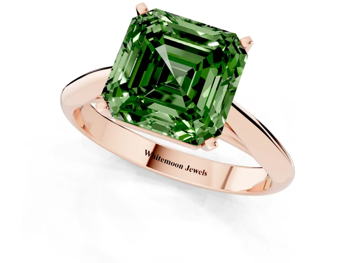 Fancy Green Asscher Cut Diamond Solitaire Engagement Ring with Cathedral Setting and Four-Prong Mount Rose gold