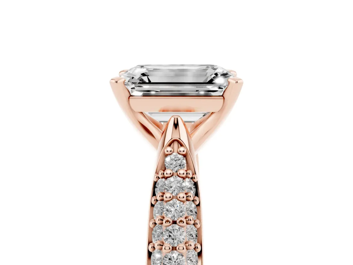 Emerald Cut Diamond Solitaire Engagement Ring with Multi-Row Round Pavé Band and Prong Setting Rose gold