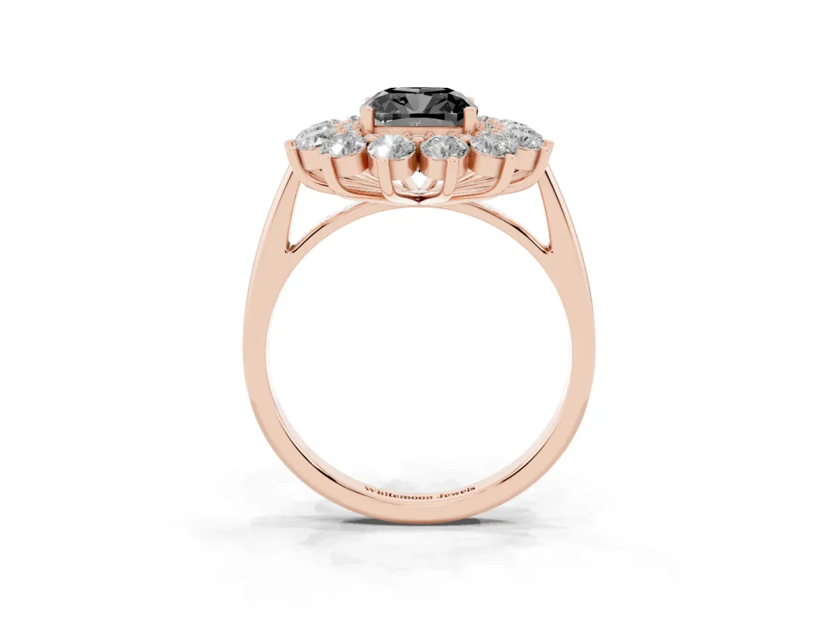 Fancy Black Cushion Cut Diamond Floral Double Halo Engagement Ring with Prong Setting Rose gold