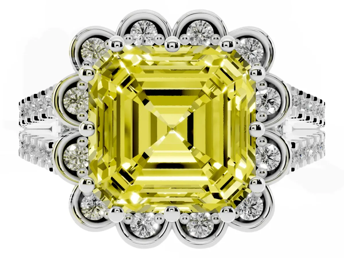 Fancy Yellow Asscher Cut Halo Diamond Floral Split Shank Engagement Ring Silver
