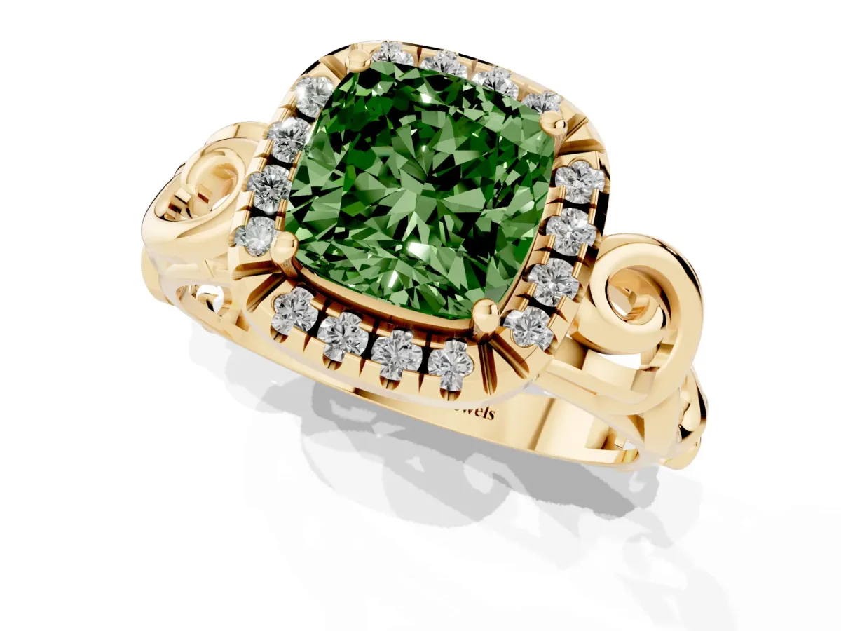 Fancy Green Cushion Cut Cut Halo Diamond Ring with Scrollwork Band and Four-Prong Setting Yellow gold
