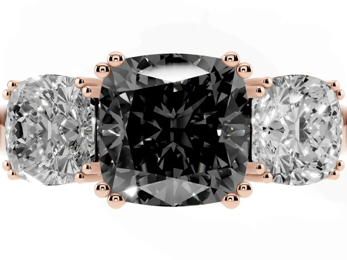 Fancy Black Three-Stone Cushion Cut Cut Diamond Ring with Channel Set Band and Four-Prong Setting Rose gold