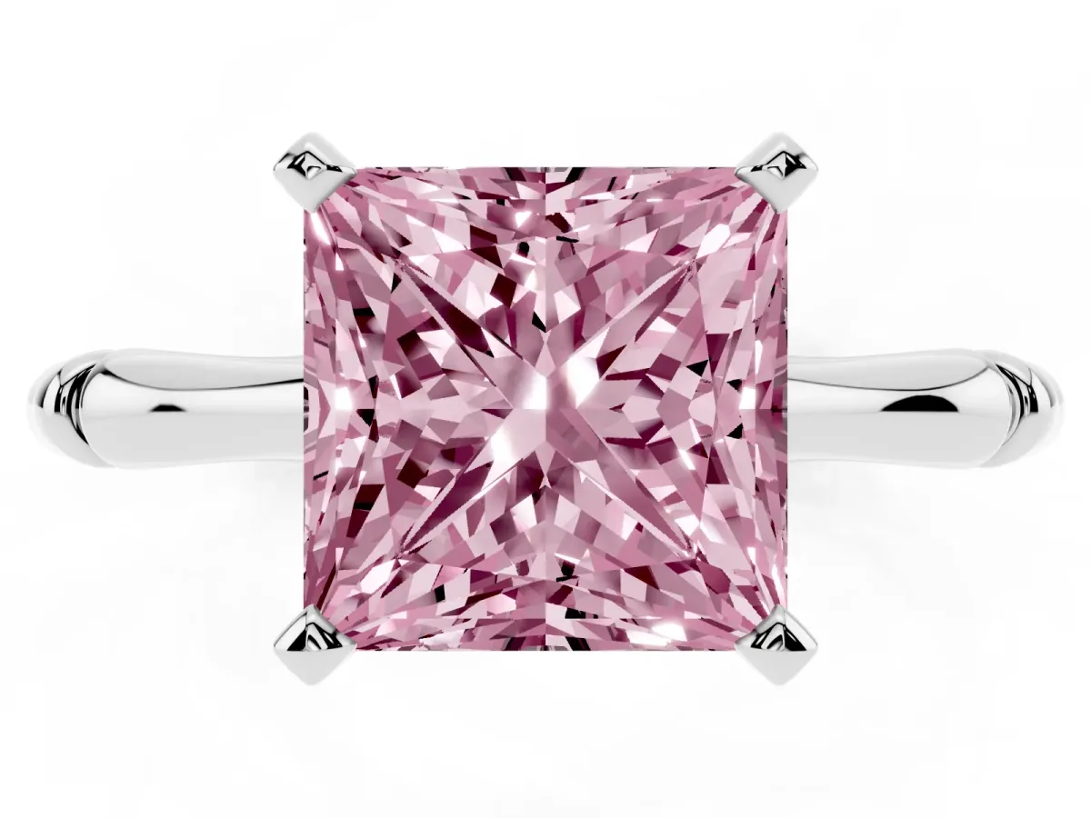 Fancy Pink Princess Cut Solitaire Diamond Ring with Bamboo Band and Four-Prong Setting Silver