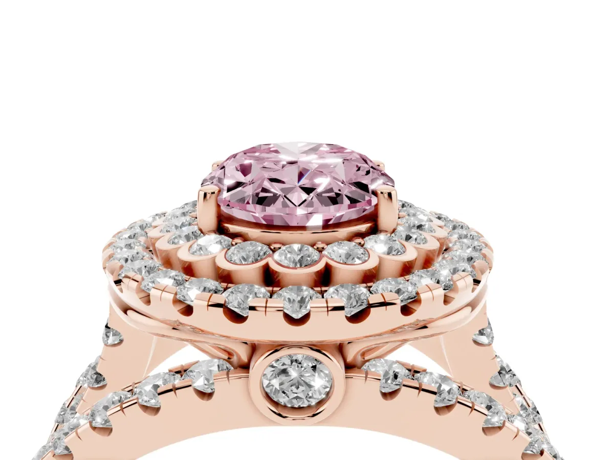 Fancy Pink Oval Cut Diamond Double Halo Ring with Round Pavé Split Shank and Prong Setting Rose gold