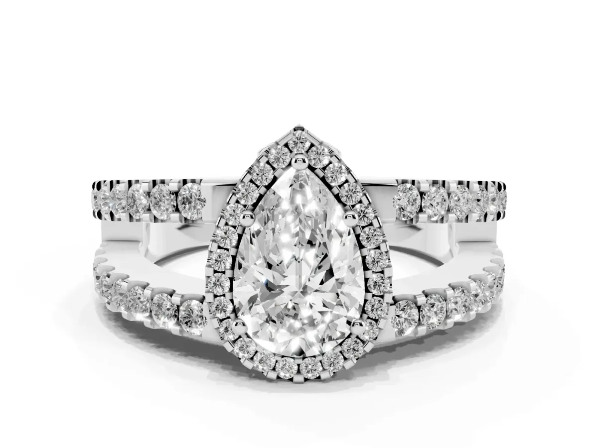 Pear Cut Cut Halo Split Shank Diamond Ring with Four-Prong Setting Platinum