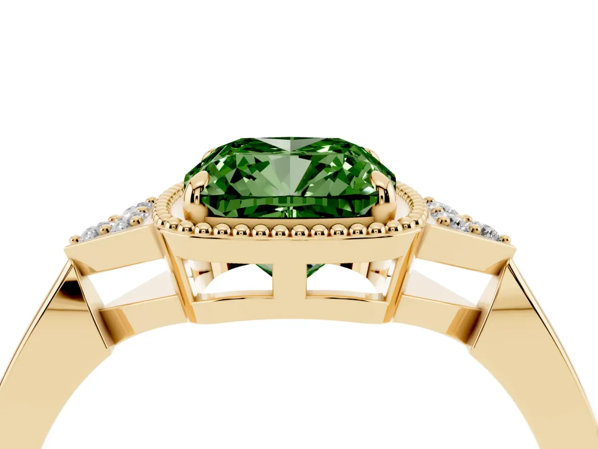 Fancy Green Cushion Cut Diamond Halo Ring with Tapered Band and Four-Prong Setting Yellow gold
