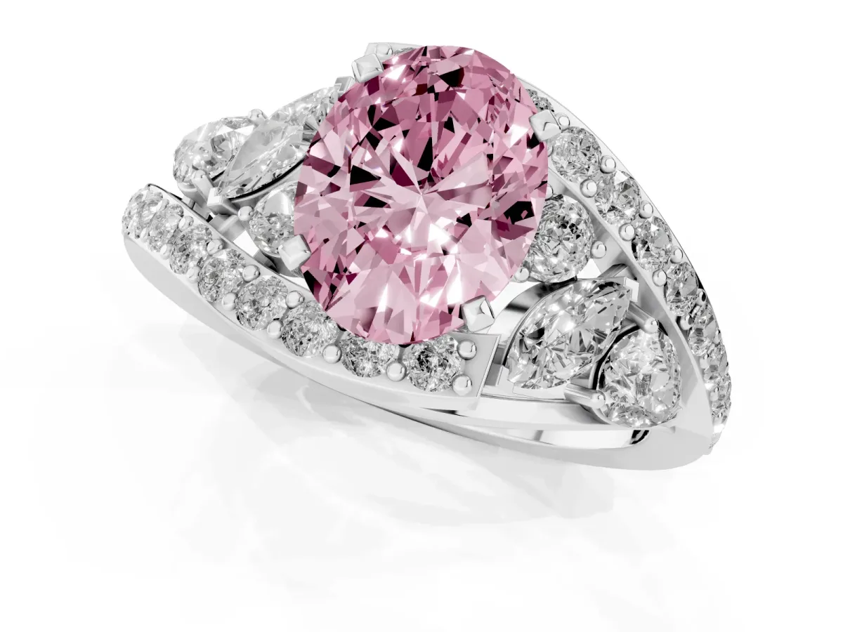 Fancy Pink Oval Cut Diamond Halo Ring with Marquise and Pavé Band in Prong Setting White gold