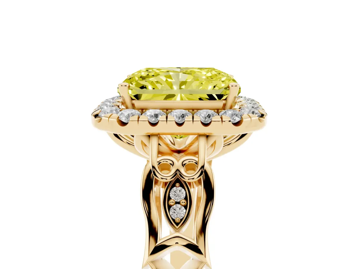 Fancy Yellow Radiant Cut Halo Diamond Engagement Ring with Filigree Band and Four-Prong Setting Yellow gold