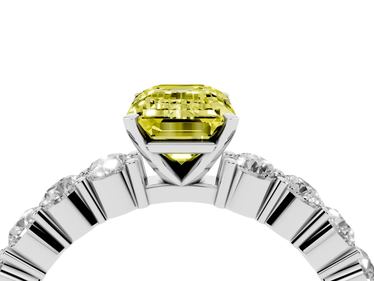 Fancy Yellow Emerald Cut Diamond Solitaire Ring with Shared Prong Round Side Stones Platinum