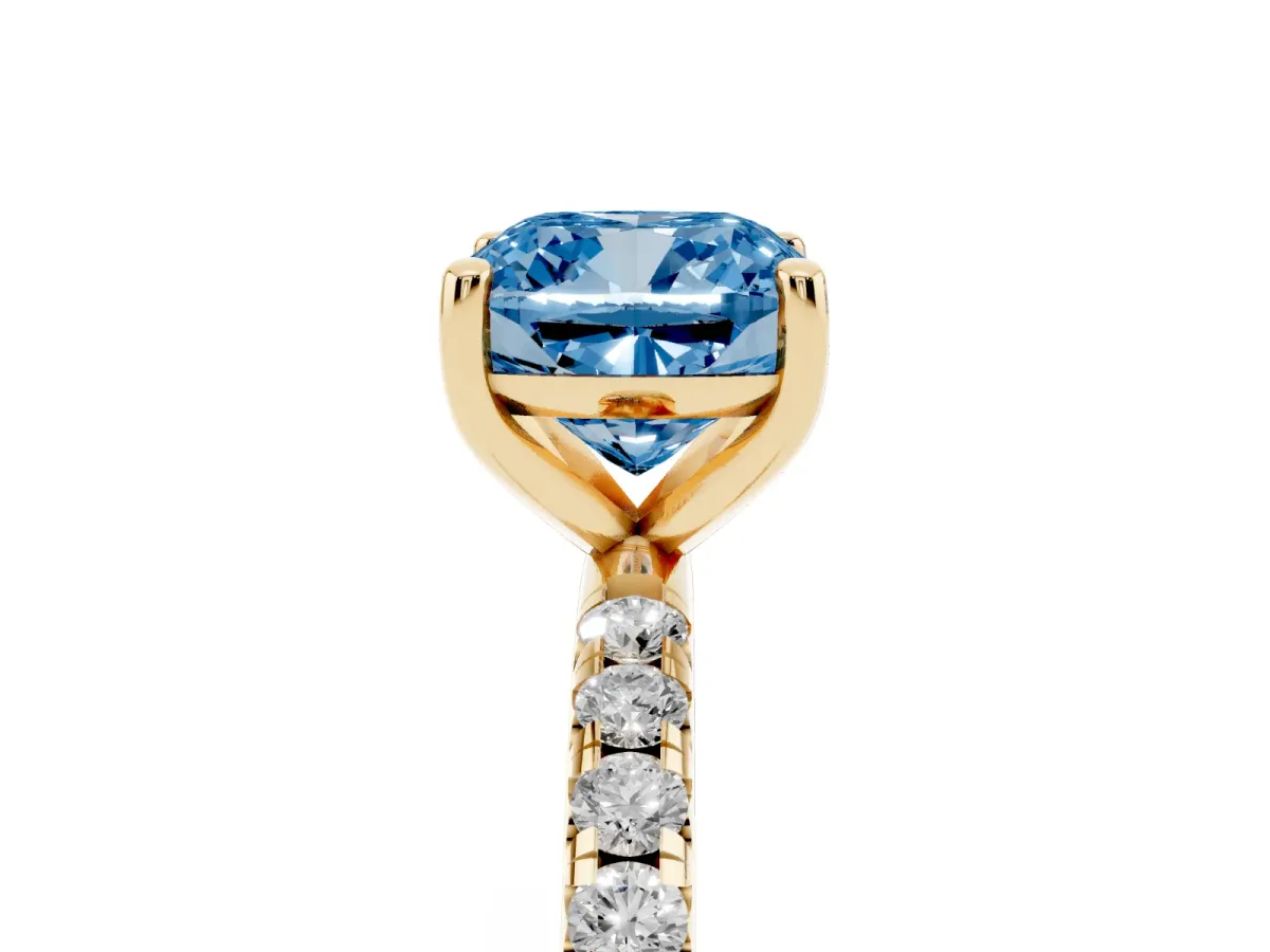 Fancy Blue Cushion Cut Cut Diamond Solitaire Ring with Micro Pave Band and Four Prong Setting Yellow gold