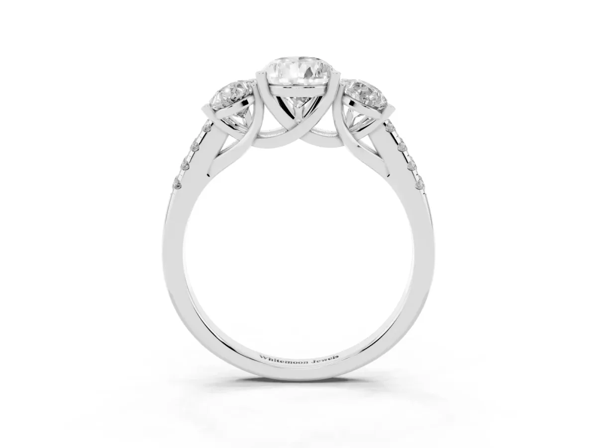 Three-Stone Pear Cut Diamond Ring with Round Pavé Band and Prong Setting Silver
