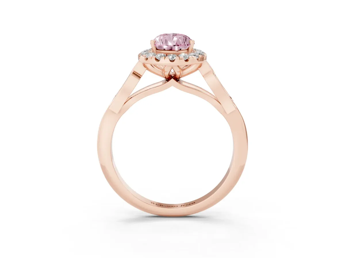 Fancy Pink Pear Cut Halo Diamond Engagement Ring with Filigree Band and Four-Prong Setting Rose gold
