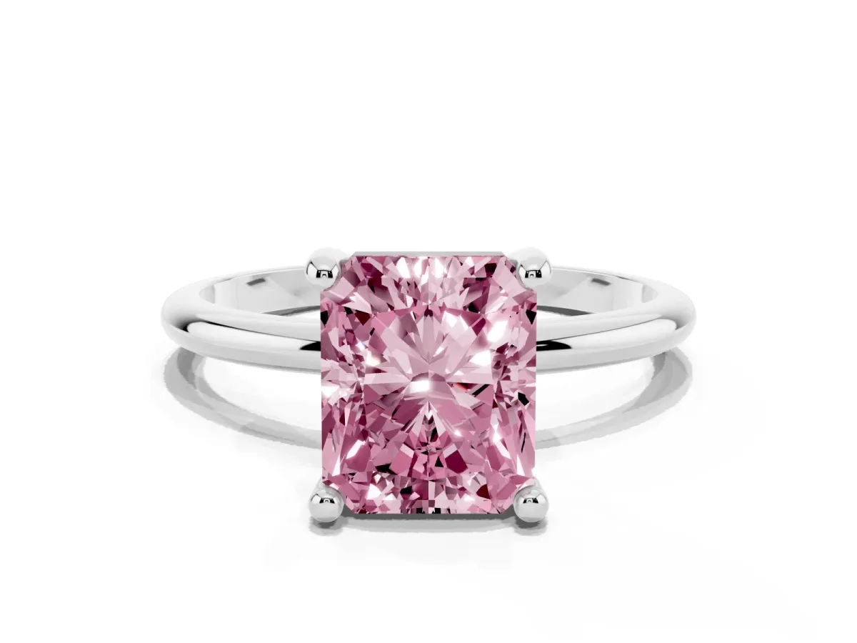 Fancy Pink Radiant Cut Solitaire Diamond Ring with 4-Prong Setting on a Classic Band Silver