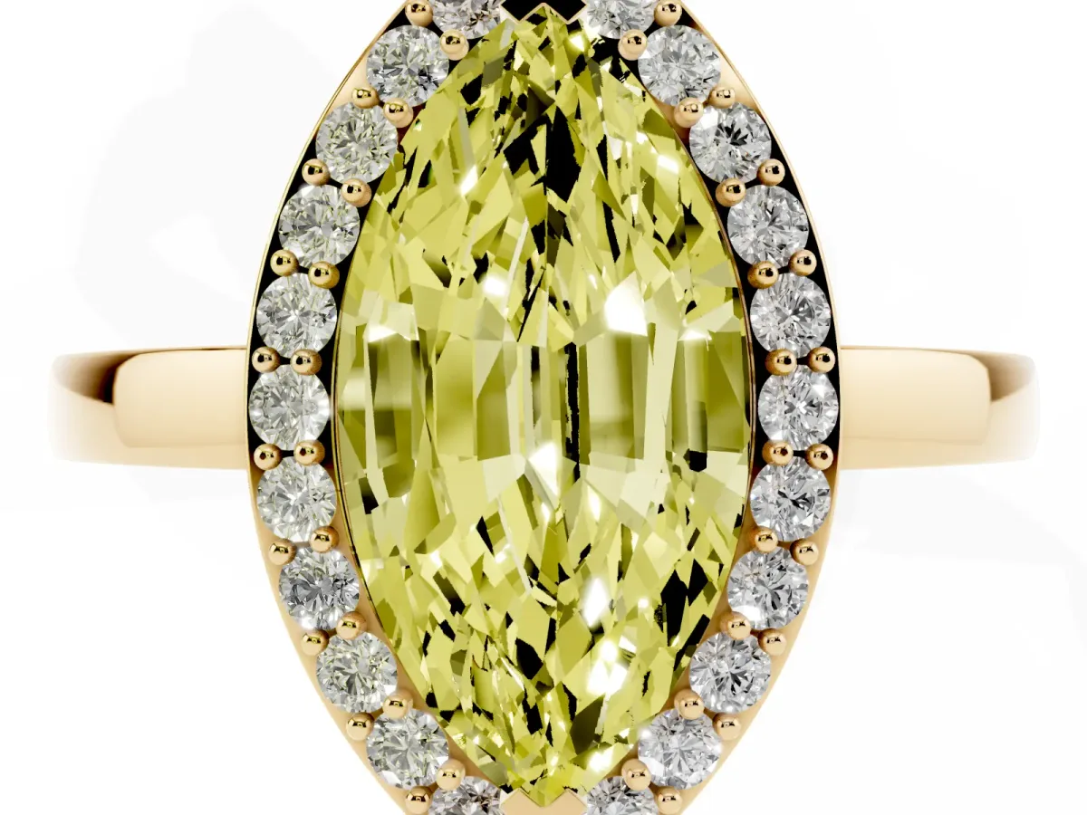 Fancy Yellow Marquise Cut Halo Diamond Ring with Solitaire Band and Prong Setting Yellow gold