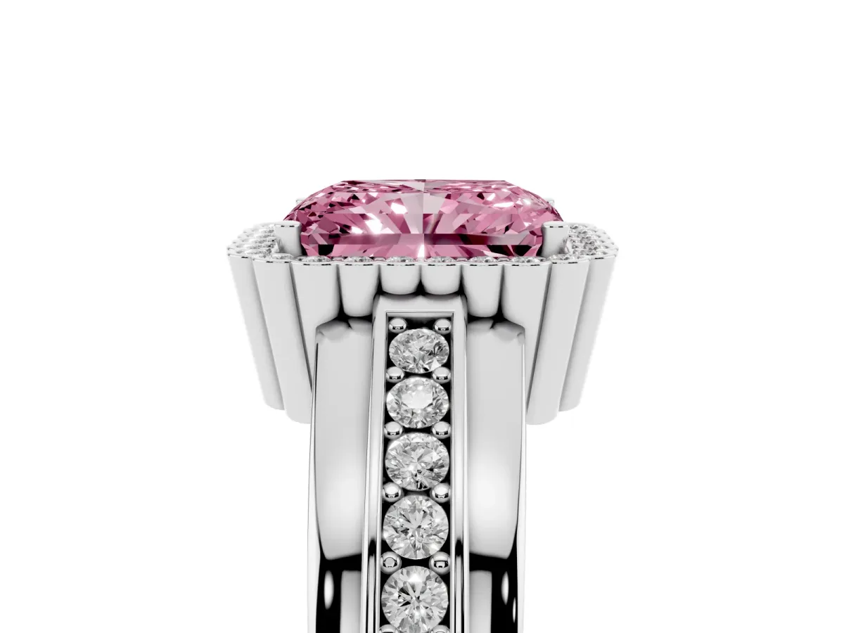 Fancy Pink Radiant Cut Cut Halo Pave Band Four-Prong Ring Silver