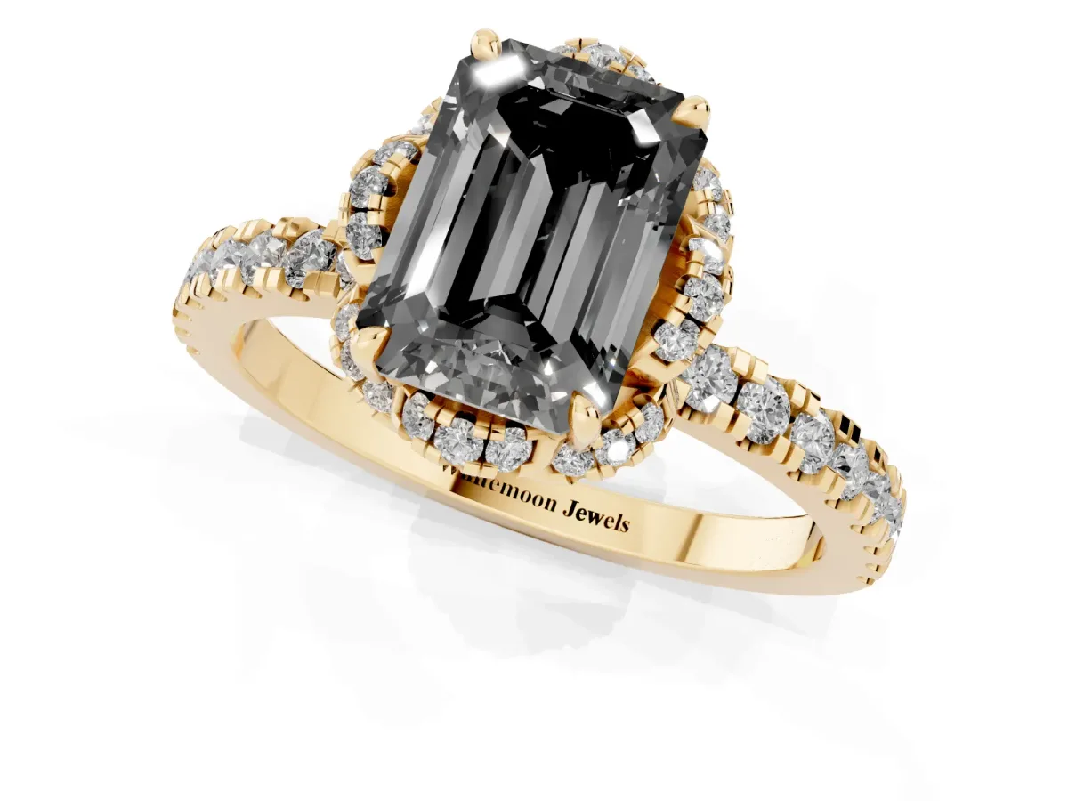 Fancy Black Emerald Cut Diamond Halo Pave Band with Four-Prong Setting Yellow gold