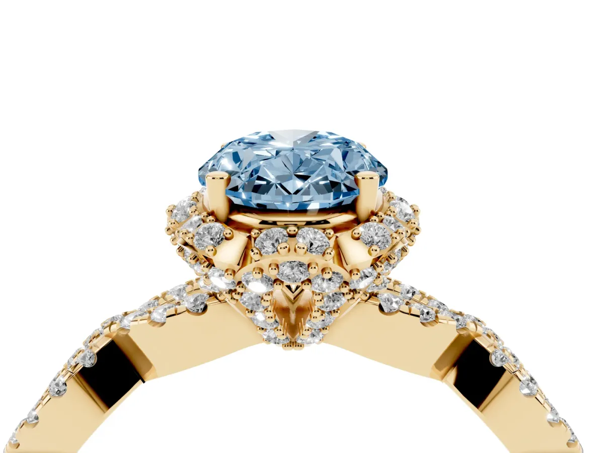 Fancy Blue Oval Cut Halo Twist Band Solitaire Ring with Six-Prong Setting Yellow gold