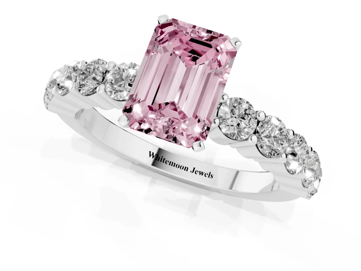 Fancy Pink Emerald Cut Diamond Solitaire Ring with Shared Prong Round Side Stones Silver