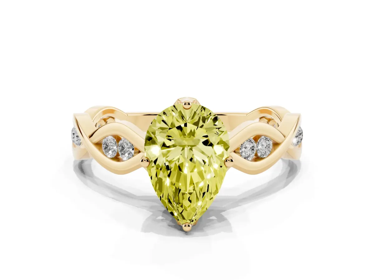 Fancy Yellow Pear Cut Solitaire Twist Band with Leaf Prong Setting Yellow gold