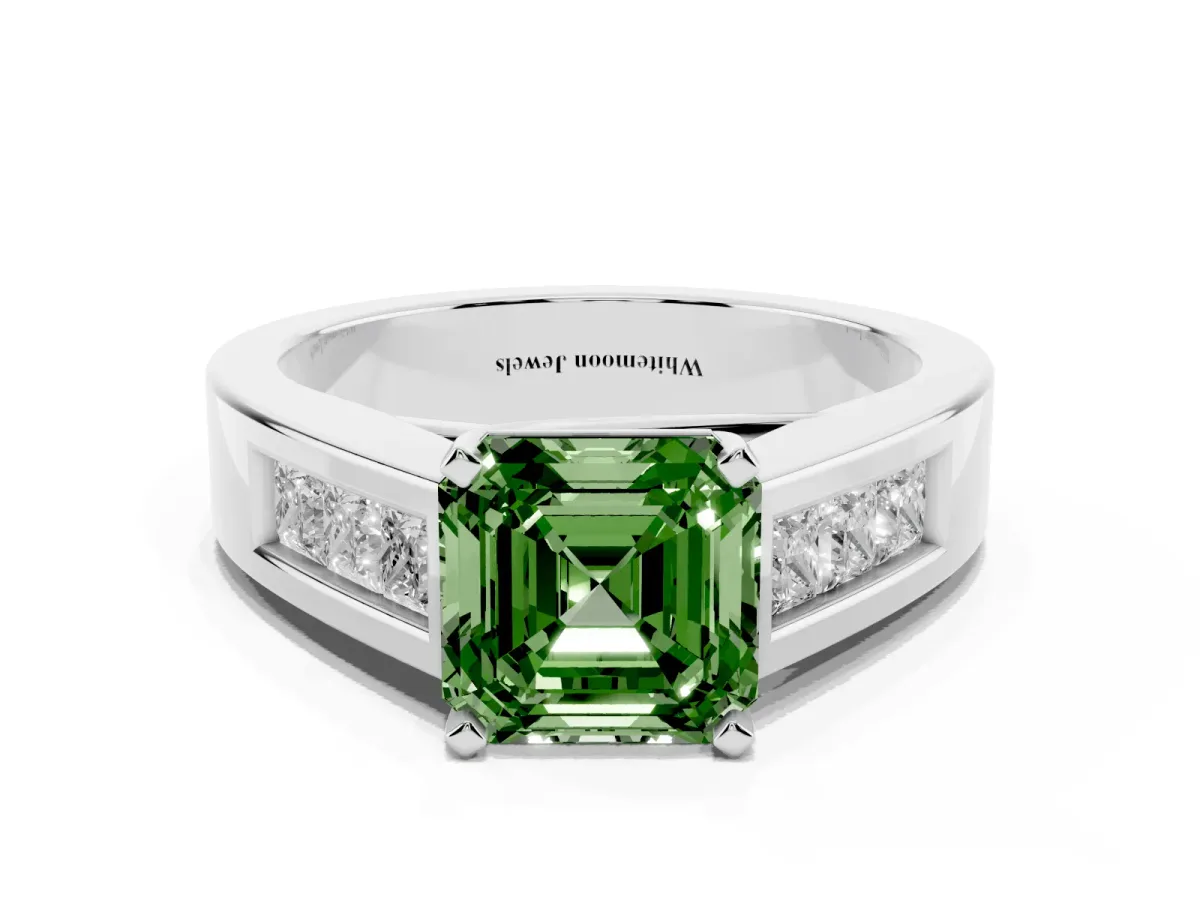 Fancy Green Asscher Cut Cut Channel Set Solitaire Ring with Four-Prong Setting Platinum