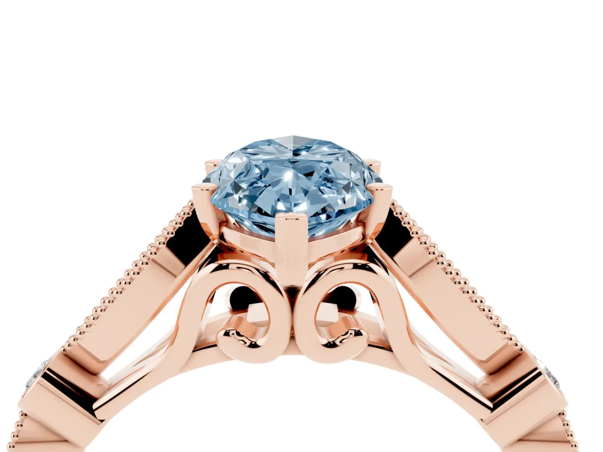Fancy Blue Marquise Cut Cut Diamond with Milgrain Marquise and Bezel Accents on a Solitaire Band with Prong Setting Rose gold