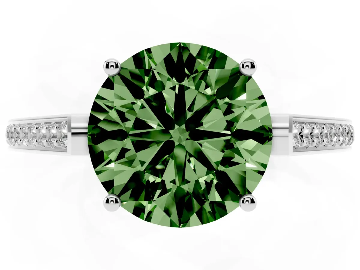Fancy Green Round Cut Cut Cathedral Pave Diamond Engagement Ring with Six-Prong Setting Silver
