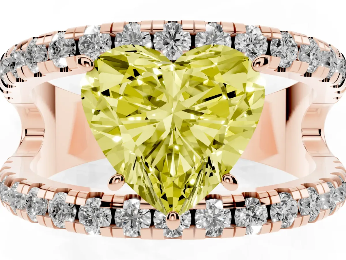 Fancy Yellow Heart Cut Solitaire Split Shank Pave Diamond Ring Rose gold