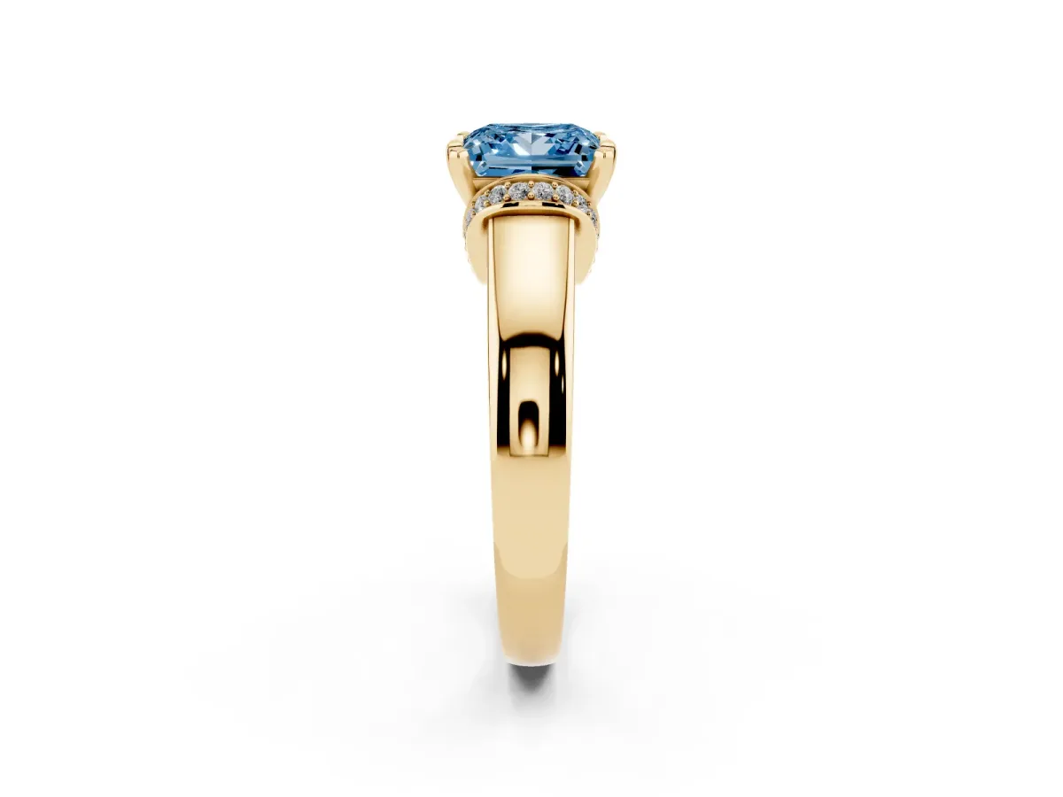 Fancy Blue Princess Cut Solitaire Diamond Ring with Pave Band and Six-Prong Setting Yellow gold