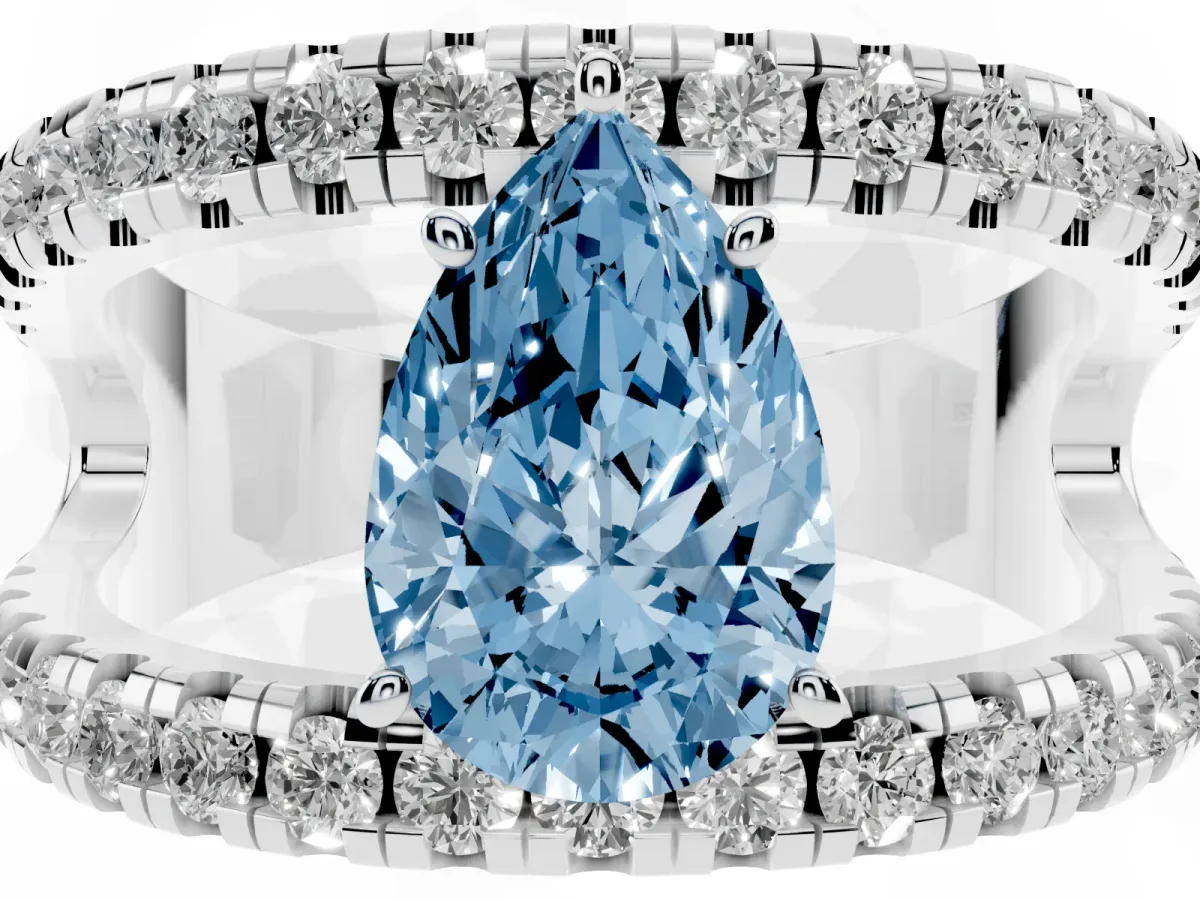 Fancy Blue Pear Cut Solitaire Split Shank Pave Diamond Ring Platinum