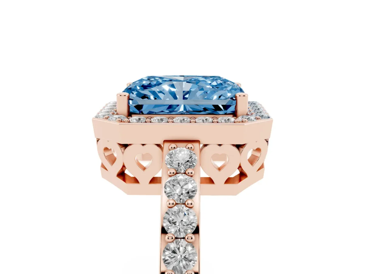 Fancy Blue Radiant Cut Halo Diamond Pavé Band Ring with Prong Setting Rose gold