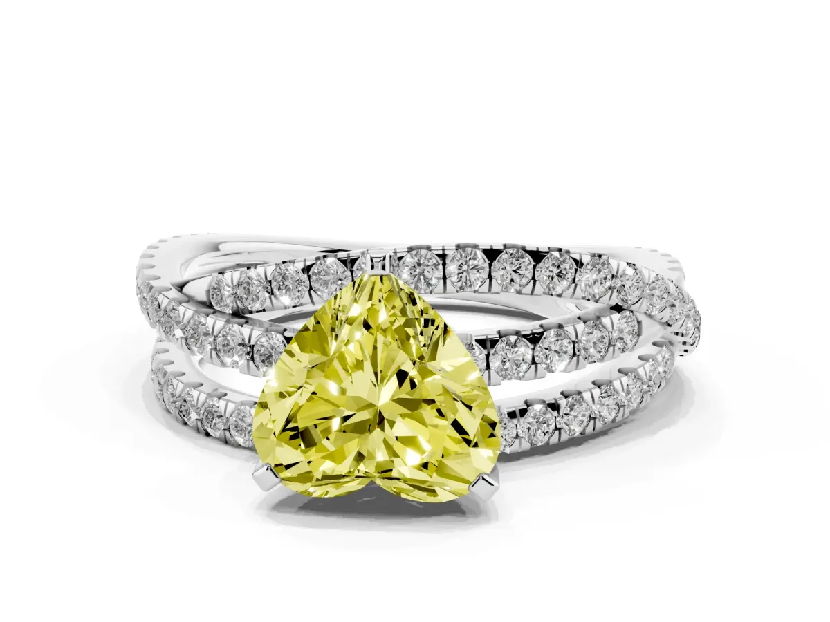 Fancy Yellow Heart Cut Solitaire Twist Band with Pavé Setting and Four-Prong Setting Silver