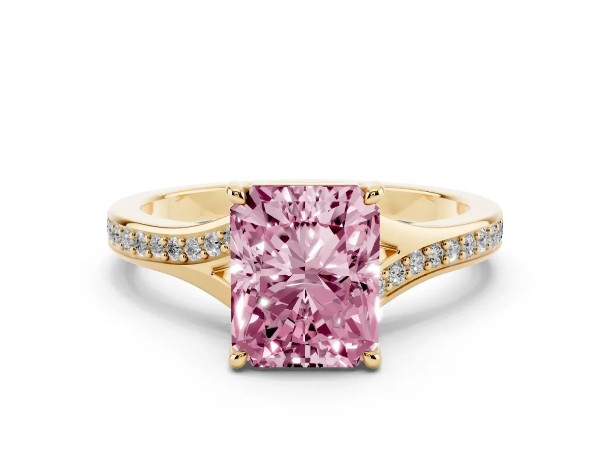 Fancy Pink Radiant Cut Diamond Solitaire Ring with Pavé Band and Prong Setting Yellow gold