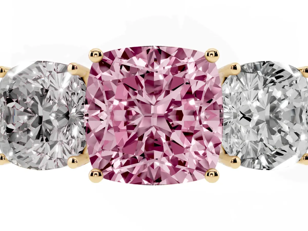 Fancy Pink Cushion Cut Diamond Three-Stone Ring with Prong Setting and Textured Band Yellow gold