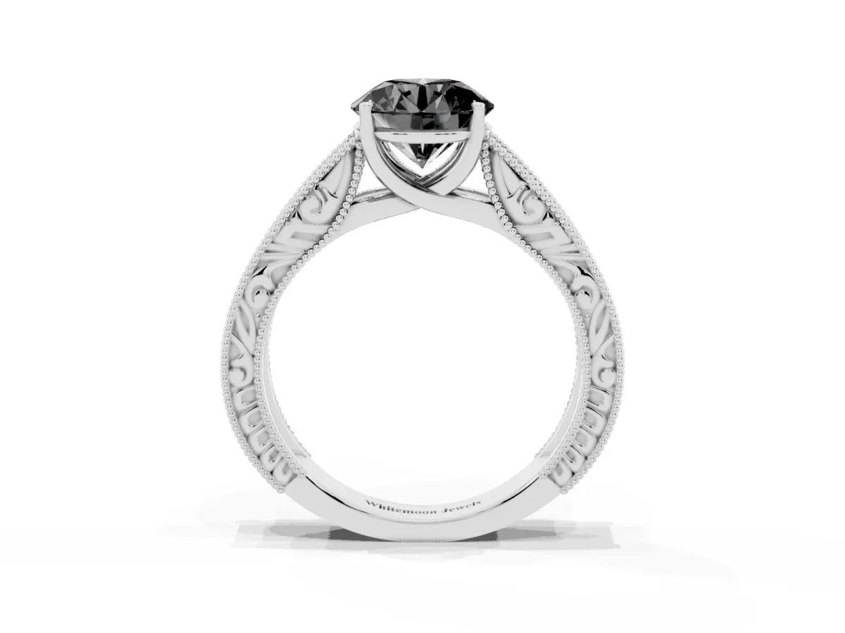 Fancy Black Round Cut Diamond Solitaire Ring with Engraved Band and Four-Prong Setting White gold