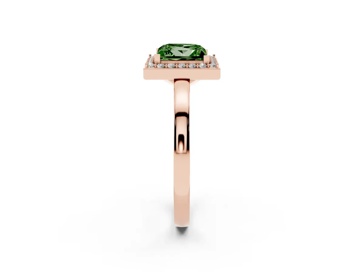 Fancy Green Princess Cut Halo Diamond Ring with Solitaire Band and Prong Setting Rose gold