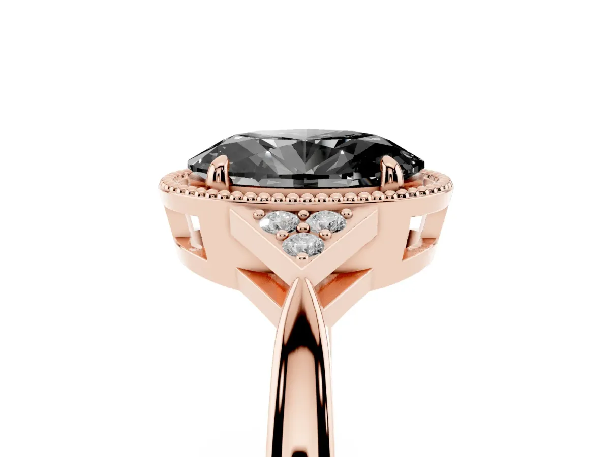 Fancy Black Hexagonal Halo Oval Cut Diamond Solitaire with Pavé Band and Four-Prong Setting Rose gold