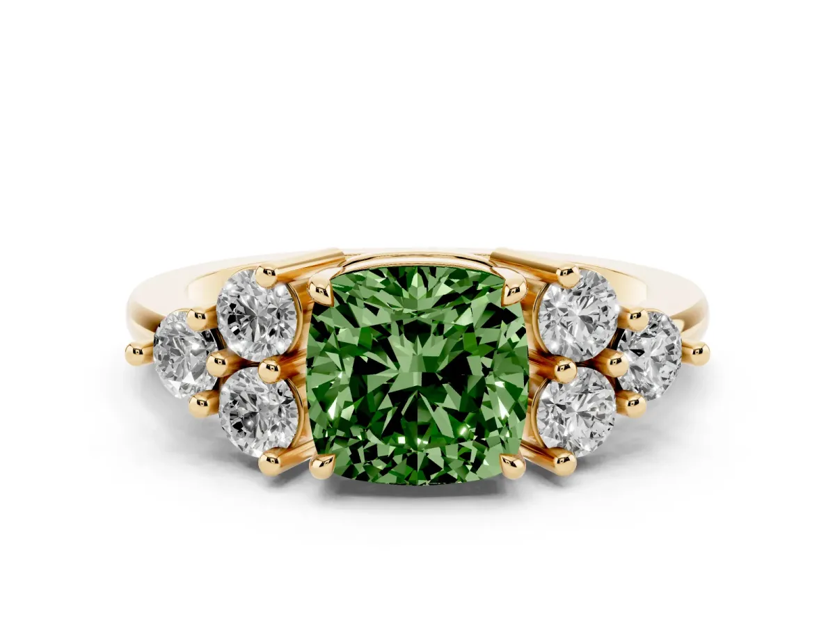 Fancy Green Cushion Cut Brilliant Diamond Cluster Accent Solitaire Ring with Prong Setting Yellow gold