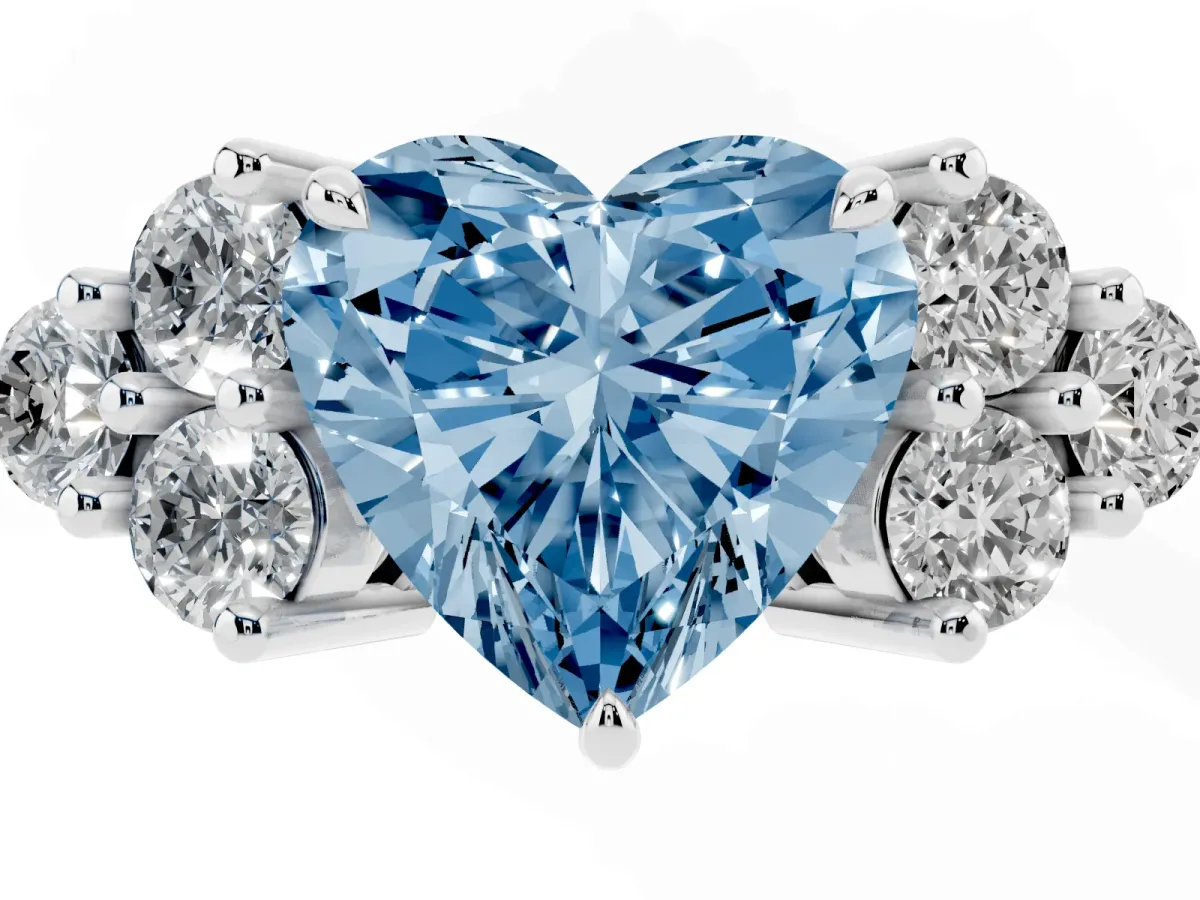 Fancy Blue Heart Cut Brilliant Diamond Cluster Accent Solitaire Ring with Prong Setting Platinum