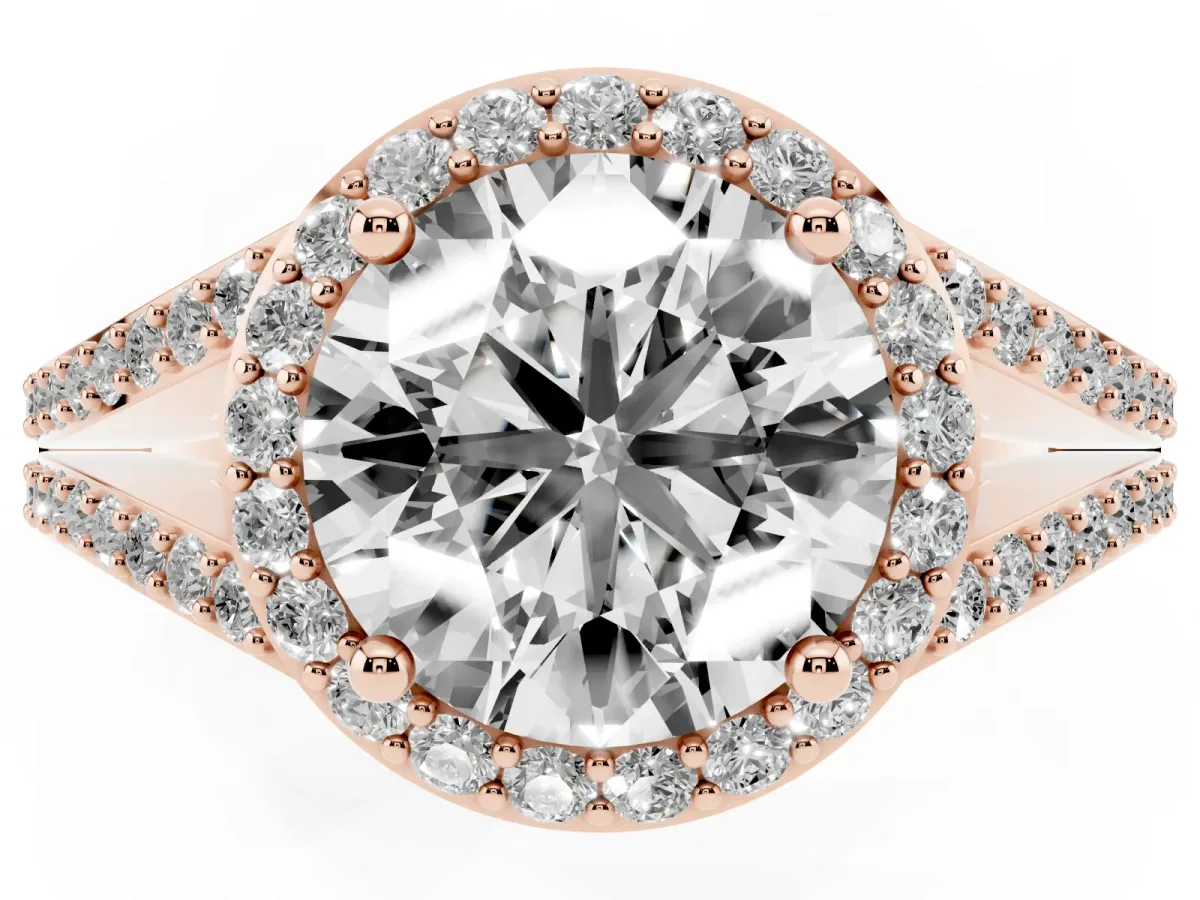 Round Cut Halo Split Shank Diamond Ring with Prong Setting Rose gold