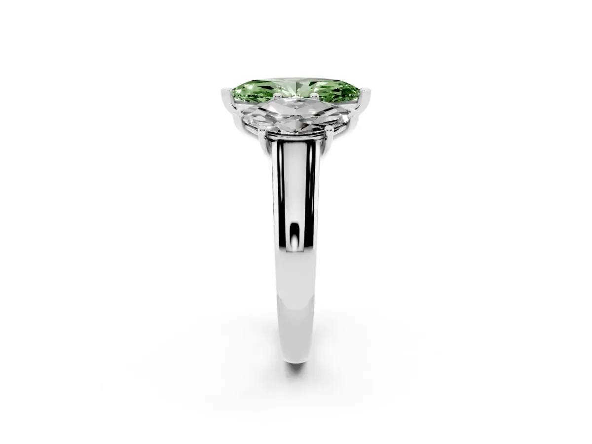 Fancy Green Marquise Cut Three-Stone Diamond Ring with Prong Setting on a Classic Band Silver