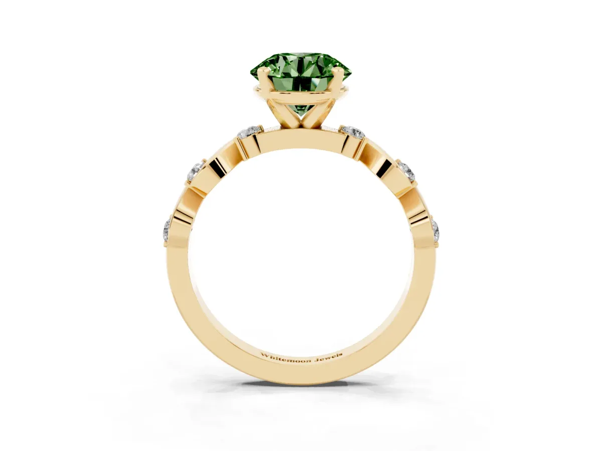 Fancy Green Round Cut Diamond Solitaire Twisted Band with Round Accents and Prong Setting Yellow gold