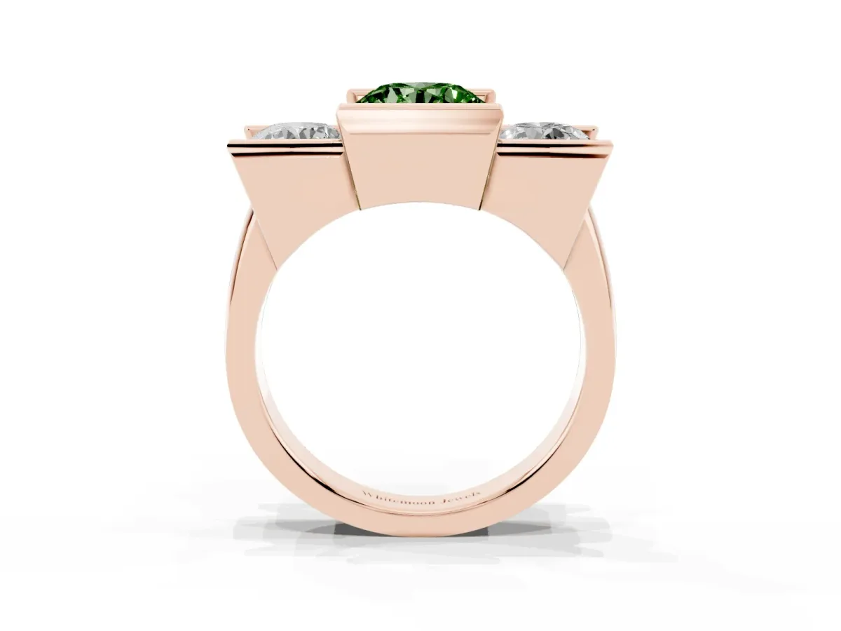 Fancy Green Three Stone Round Cut Cut Channel Set Diamond Ring Rose gold