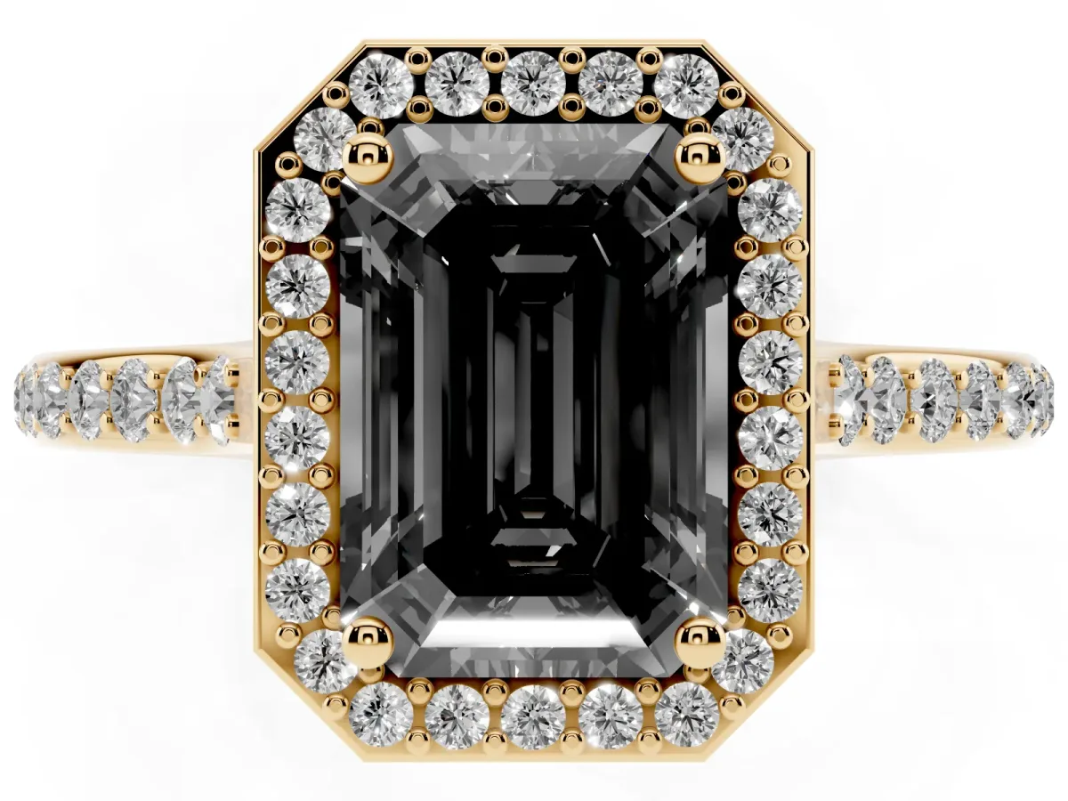 Fancy Black Emerald Cut Diamond Halo Engagement Ring with Round Pavé Shoulders and Prong Setting Yellow gold