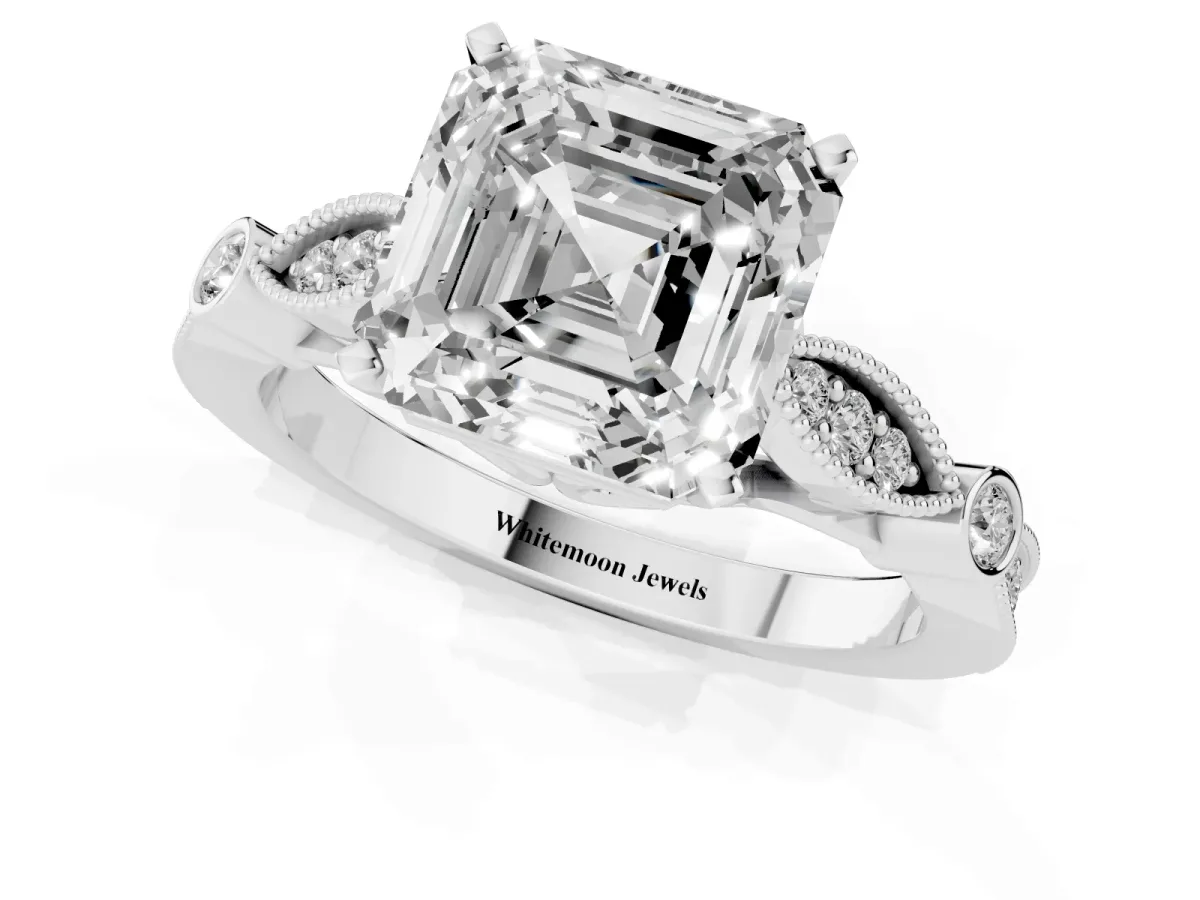 Asscher Cut Cut Diamond with Milgrain Marquise and Bezel Accents on a Solitaire Band with Prong Setting Platinum